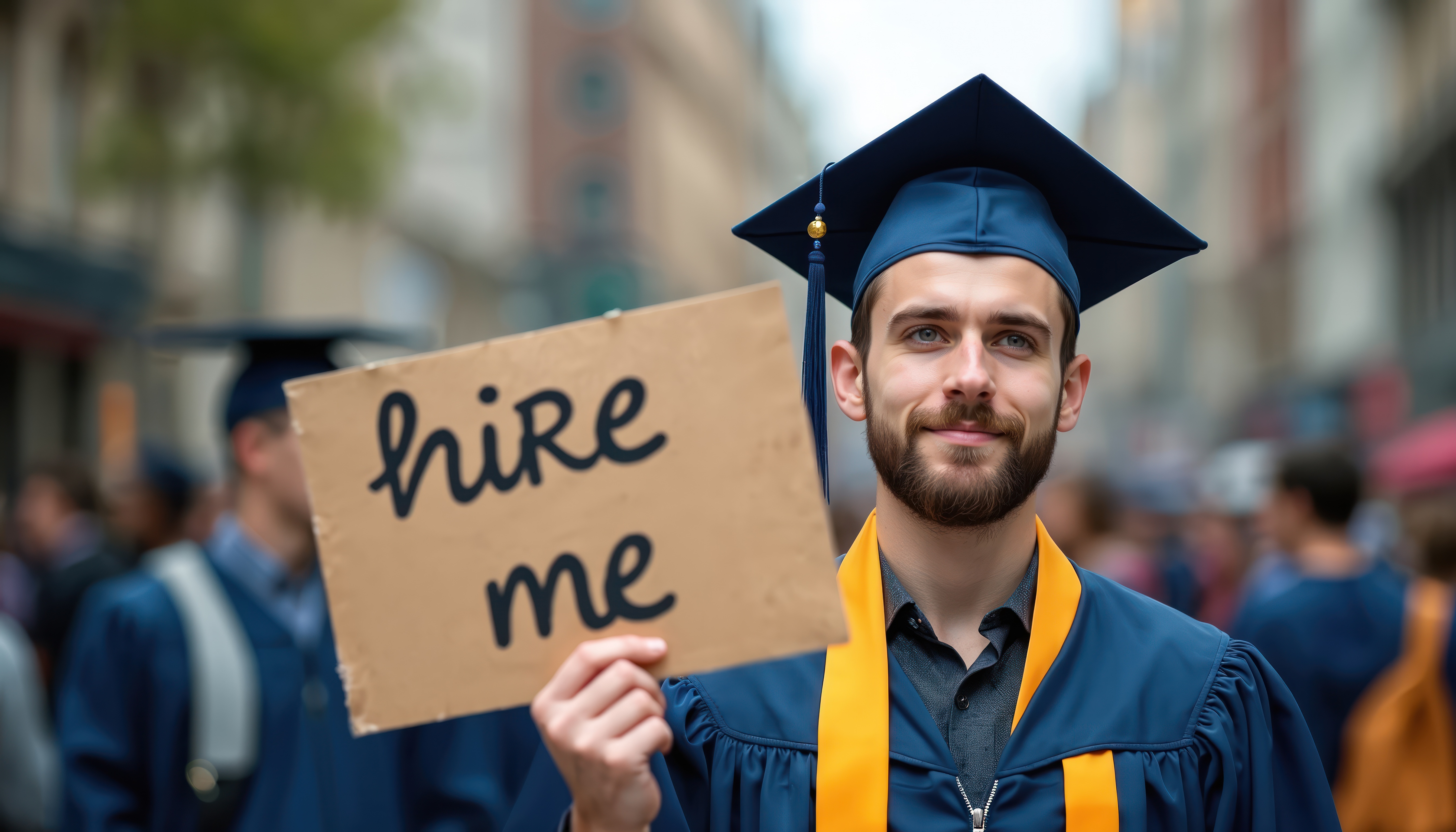 Graduate holding a cardboard sign that reads hire me