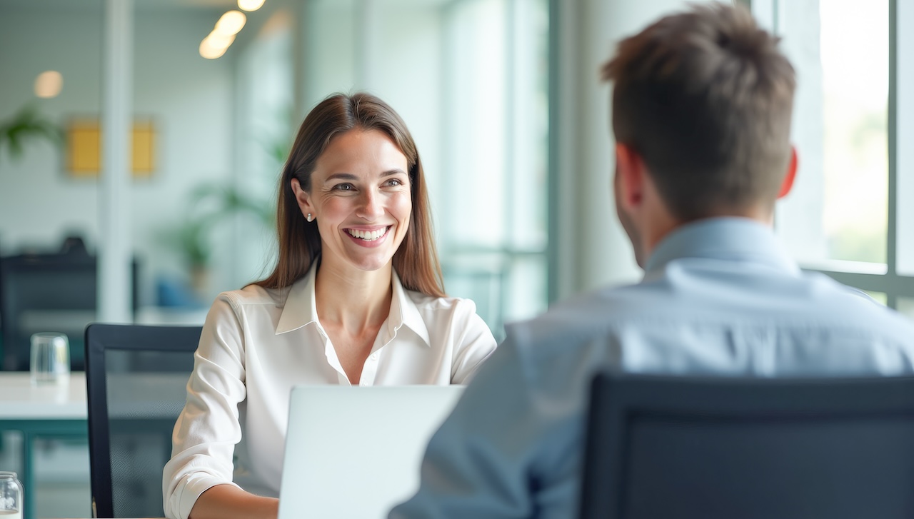 Professional woman interviewing a man across a desk