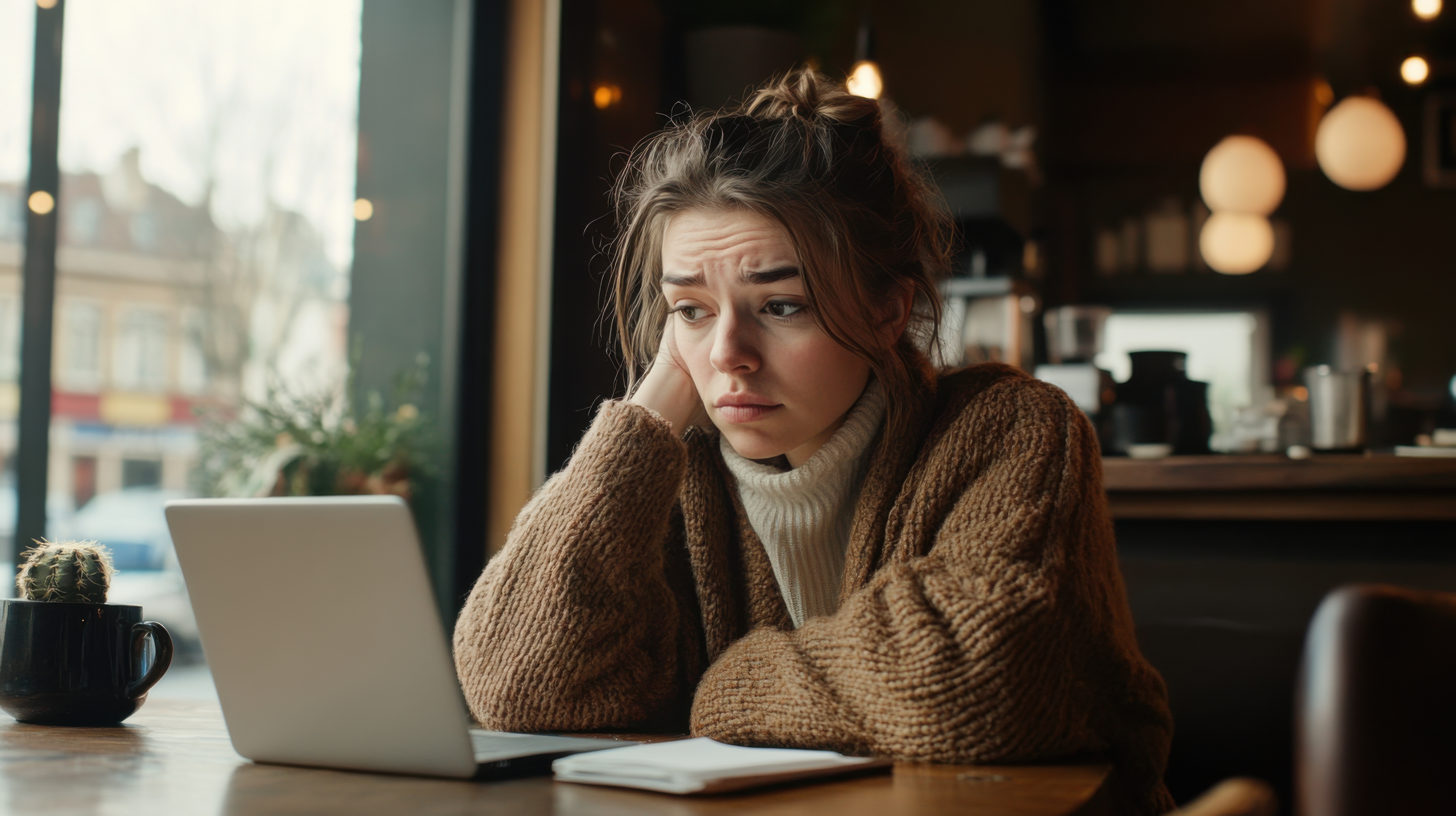 Woman at home looking forlorn at computer laptop screen