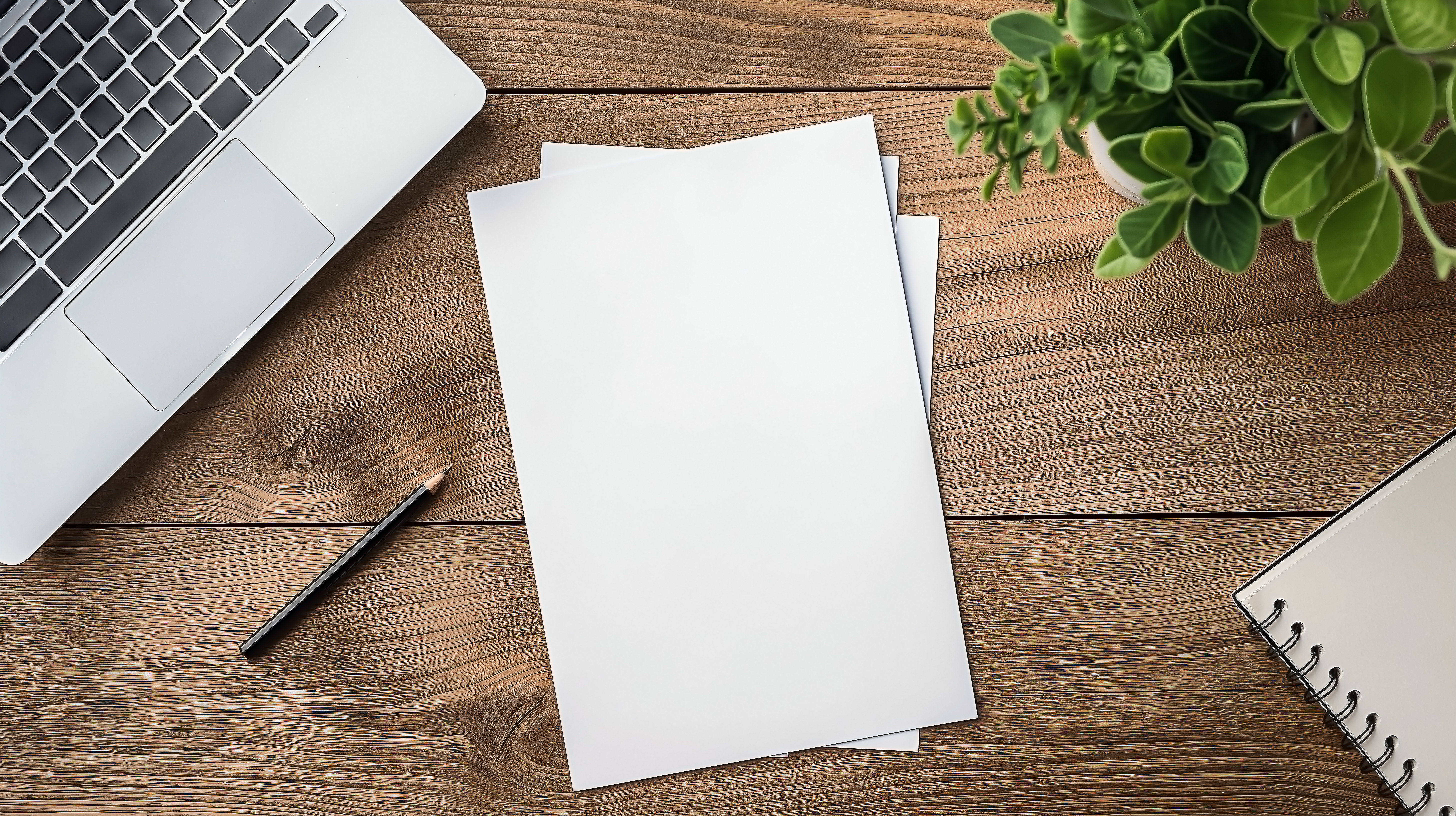 Computer and blank pages on a desk